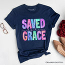 Saved By His Grace Printed Faux Sequin Christian T-Shirt, Religious Love Tee