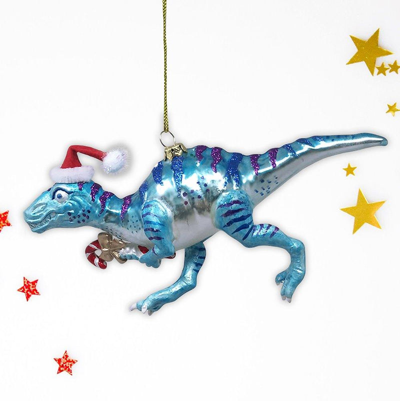 Christmas Theme Dinosaur Raptor Glass Ornament