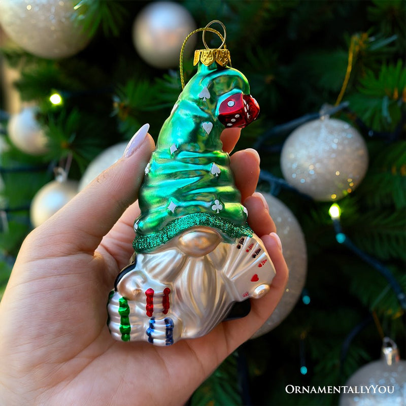 Casino Poker Gnome Glass Ornament, Cute Christmas Gambler