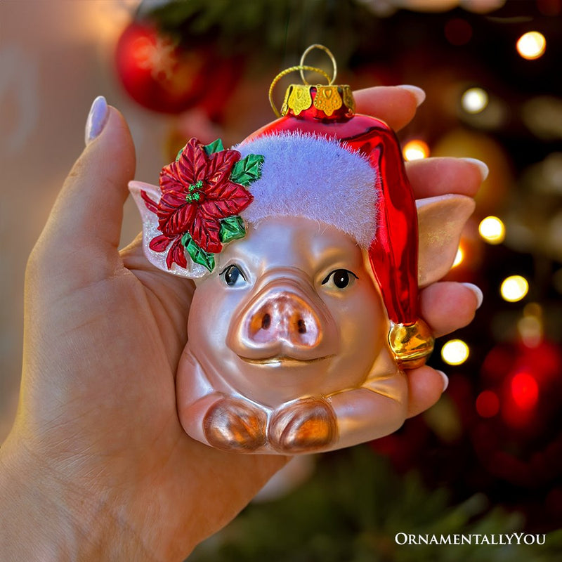 Charming Pig with Santa Hat Glass Christmas Ornament, Cute Farmhouse Tree Decor