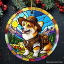 Corgi Adventurer Stained Glass Style Ceramic Ornament, Adorable Christmas Gift and Decor