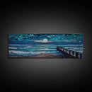 Panoramic Van Gogh Inspired Beach, Framed Canvas Print, Cool Painting, Full Moon Over Rolling Waves, Soothing Abstract Beach Decor
