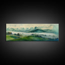 Watercolor Green Land Scape, Ready To Hang Canvas Print, Panoramic Art, Living Room Guest Room Art, Above Bed Landscape Art