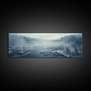 Panoramic Winter Scene Canvas Print, Winter Stream Drone Shot Bird's Eye View, Rustic Winter Centerpiece Wall Art, Panoramic Art