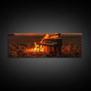 Urban Decay, Street Punk Art, Framed Canvas Print, Burning Grand Piano In A Field at Sunset, Dystopian Decor