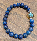 Lapis Lazuli & Amber Picasso w/Turquoise Czech Glass Lotus Flower