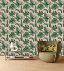 Beige Wallpaper with Green Leaves