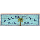 Palm City Palm Tree Blue Latitude Longitude | Wall Art Print on Real Wood