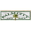 Palm City Palm Tree Green/White Latitude Longitude | Wall Art Print on Real Wood