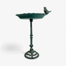 Pedestal Bird Bath with Bird, Green Patina Cast Iron Garden Decor