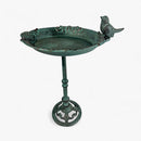 Pedestal Bird Bath with Bird, Green Patina Cast Iron Garden Decor
