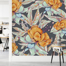 Dark Grey Wallpaper with Orange Flowers