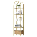 Arched Top Gold Metal Display Rack Narrow Bookcase with 5 Glass Storage Shelves