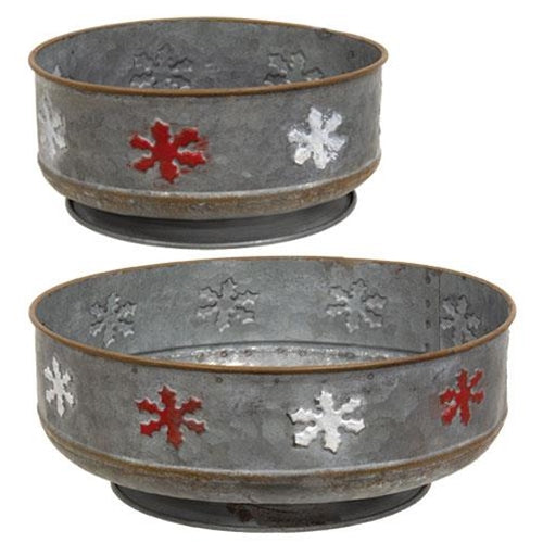 2/Set Galvanized Round Red & White Snowflake Trays