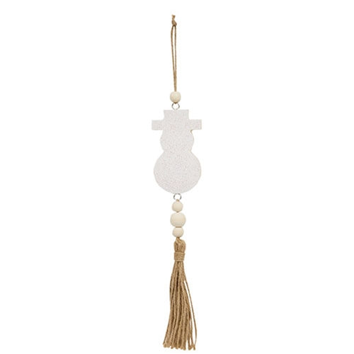 *Glittered White Snowman Beaded Wood Ornament with Tassel