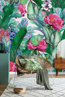 Green Leaves Wallpaper with Pink Flowers