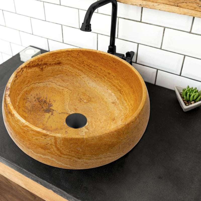 Golden Sienna travertine bathroom vessel sink polished inside rough outside EGEGSTR1673 D16 H6 bathroom view