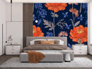 Orange Flowers on Dark Blue Wallpaper