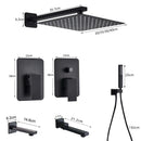 Matte black shower set with square rain head and spout for bathroom