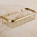 DecorBites™ Gold Brass Bathroom Shelf with Towel Hanger, Shampoo Holder, and Basket
