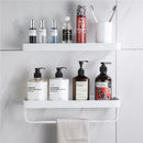 White double tier glass corner shelf with towel bar for bathroom