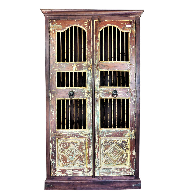 Farmhouse Style Solid Wood Vintage Iron Bar Door Repurposed 80" Tall Curio Armoire