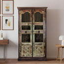 Farmhouse Style Solid Wood Vintage Iron Bar Door Repurposed 80" Tall Curio Armoire