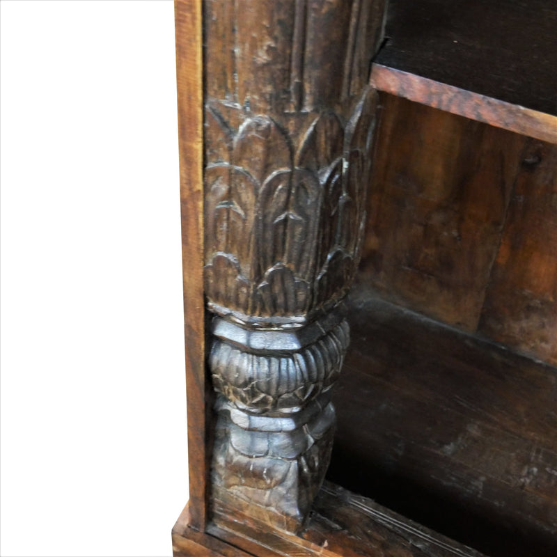 Antique Carved Teak Wood Arch Columns Open Shelf Display Cabinet