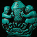 EXQUISITE CHINESE TURQUOISE RESIN HAND CARVED FISH & CHILDREN SNUFF BOTTLE