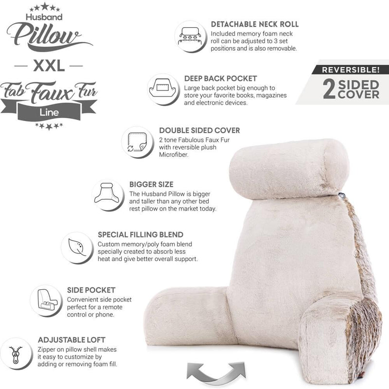 XXL Husband Pillow - Faux Fur Backrest Pillow with Arms Memory Foam - Two Side  Pelt - Long / Short