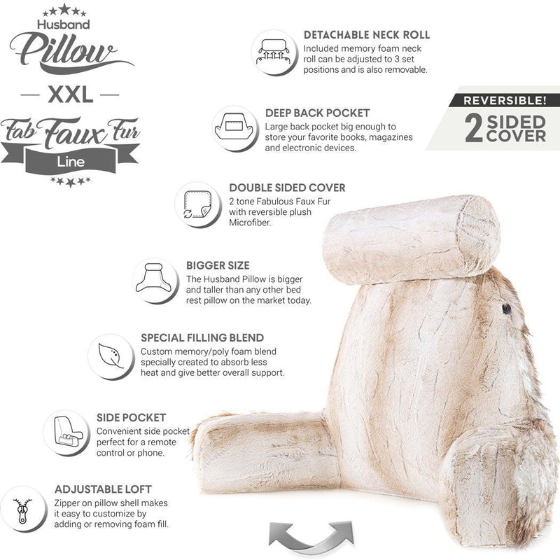 XXL Husband Pillow - Faux Fur Backrest Pillow with Arms Memory Foam - Two Side  Pelt - Long / Short