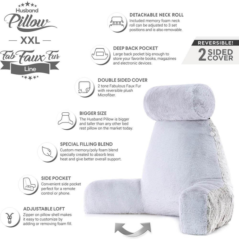 XXL Husband Pillow - Faux Fur Backrest Pillow with Arms Memory Foam - Two Side  Pelt - Long / Short