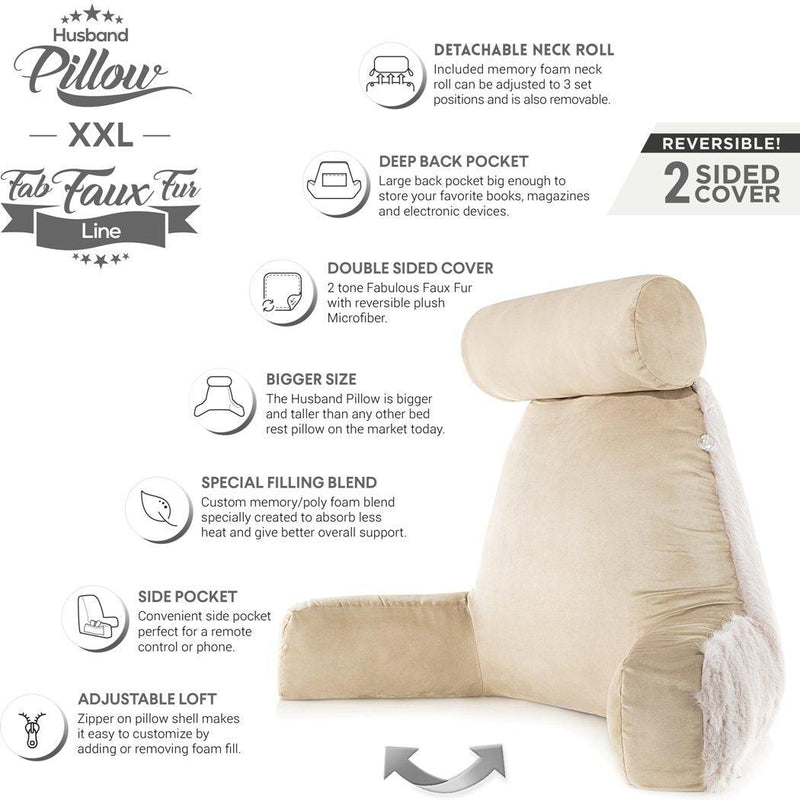 XXL Husband Pillow - Faux Fur Backrest Pillow with Arms Memory Foam - Two Side  Pelt - Long / Short