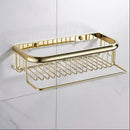 DecorBites™ Gold Brass Bathroom Shelf with Towel Hanger, Shampoo Holder, and Basket