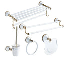 DecorBites™ Gold & White Bathroom Accessories Set: Corner Shelf, Paper Holder, Towel Holder, Toilet Brush Holder, Towel Rack