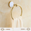 DecorBites™ Gold & White Bathroom Accessories Set: Corner Shelf, Paper Holder, Towel Holder, Toilet Brush Holder, Towel Rack