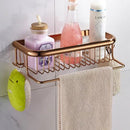 DecorBites™ Gold Brass Bathroom Shelf with Towel Hanger, Shampoo Holder, and Basket
