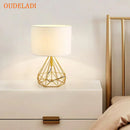 DecorBites™ Geometric Gold Desk Lamp with Hollow Diamond Design and Cloth Shade