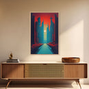 Brutalist Art Deco Dystopian City Art, Framed Canvas Print, Ready To Hang Framed Wall Art, Living Room Wall Decor