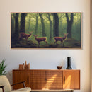 Does in a majestic forest, whitetail deer art, framed canvas print, ready to hang framed wall art