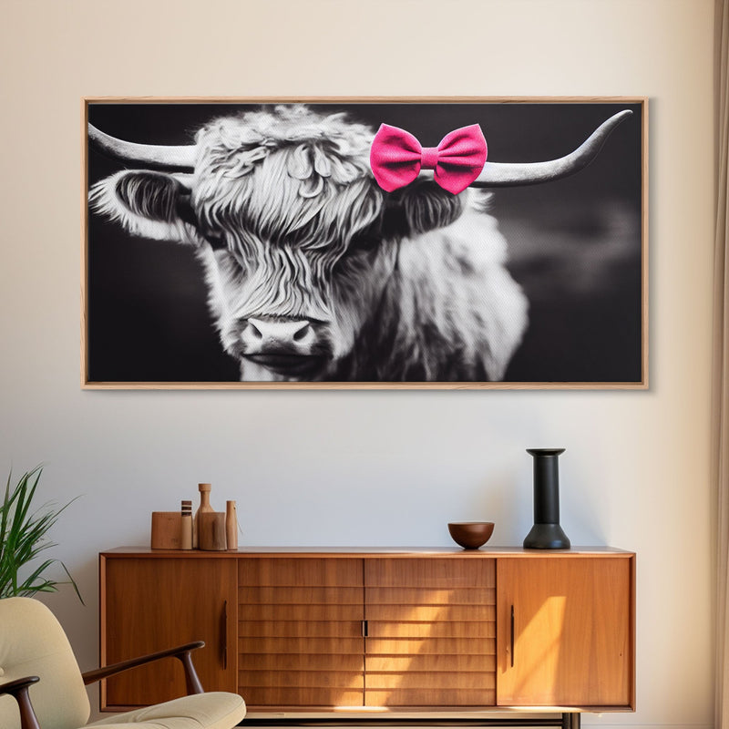 Highland cow canvas wall art, farmhouse decor, black and white cow, cute cow wearing a pink bow, framed canvas print, Scottish cow art