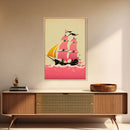 Vaporwave sail boat art, pink pirate ship, framed wall art, framed canvas print