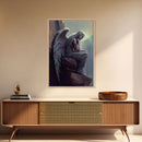 Sad angel sitting on a roof, angelic art, framed canvas print, canvas art, framed wall art