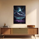 Mythical mountains fantasy art, framed canvas print, full moon over a mystical mountain landscape
