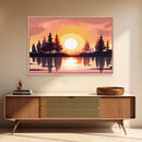 Sunrise Over The Lake and Forest, Lakehouse landscape art, orange and red tones, framed canvas print, watercolor art