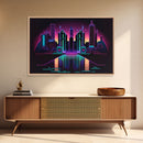 Retro Style Synthwave Wireframe City, Outrun Style, Framed Canvas Print, 80s Vibes Art