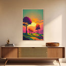 Retro Pop Art Landscape Art At Sunset, Framed Canvas Print, Outrun Style Trees and Sunset, Living Room Art