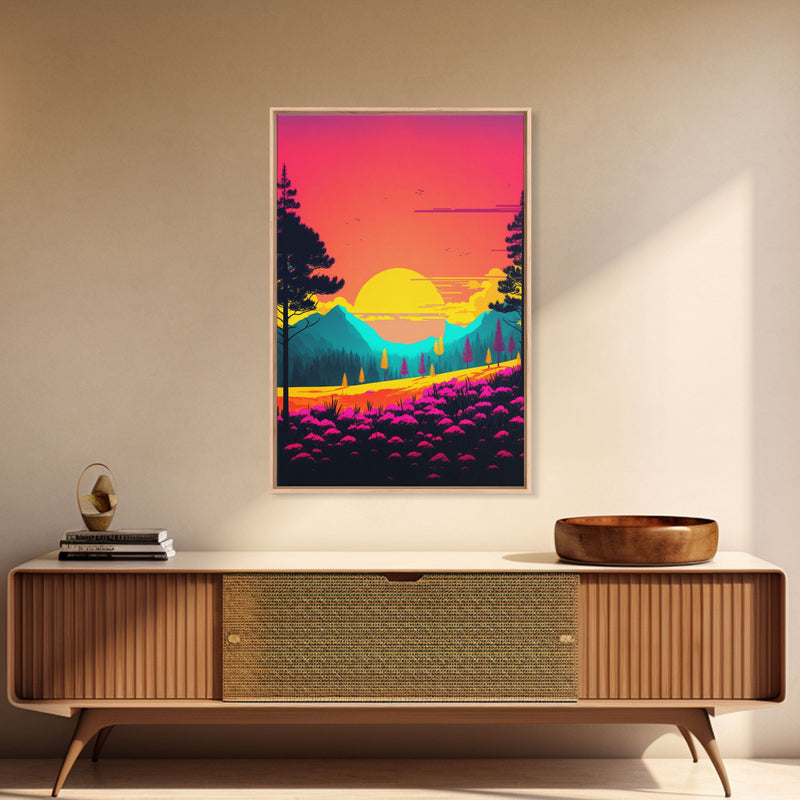 Retro Pop Art Landscape, Surrealist / Psychedelic Art, Framed Canvas P