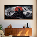 Horror Art, Haunted Castle and Blood Moon, Framed Canvas Print, Goth Art, Gothic Decor, Cool Wall Art