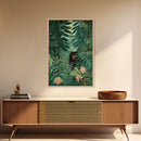 Rousseau Inspired Botanical Print, Framed Canvas Art, Bear Hiding In The Jungle, Dark Green Wall Art, Emerald Green Wall Art, Poster Print